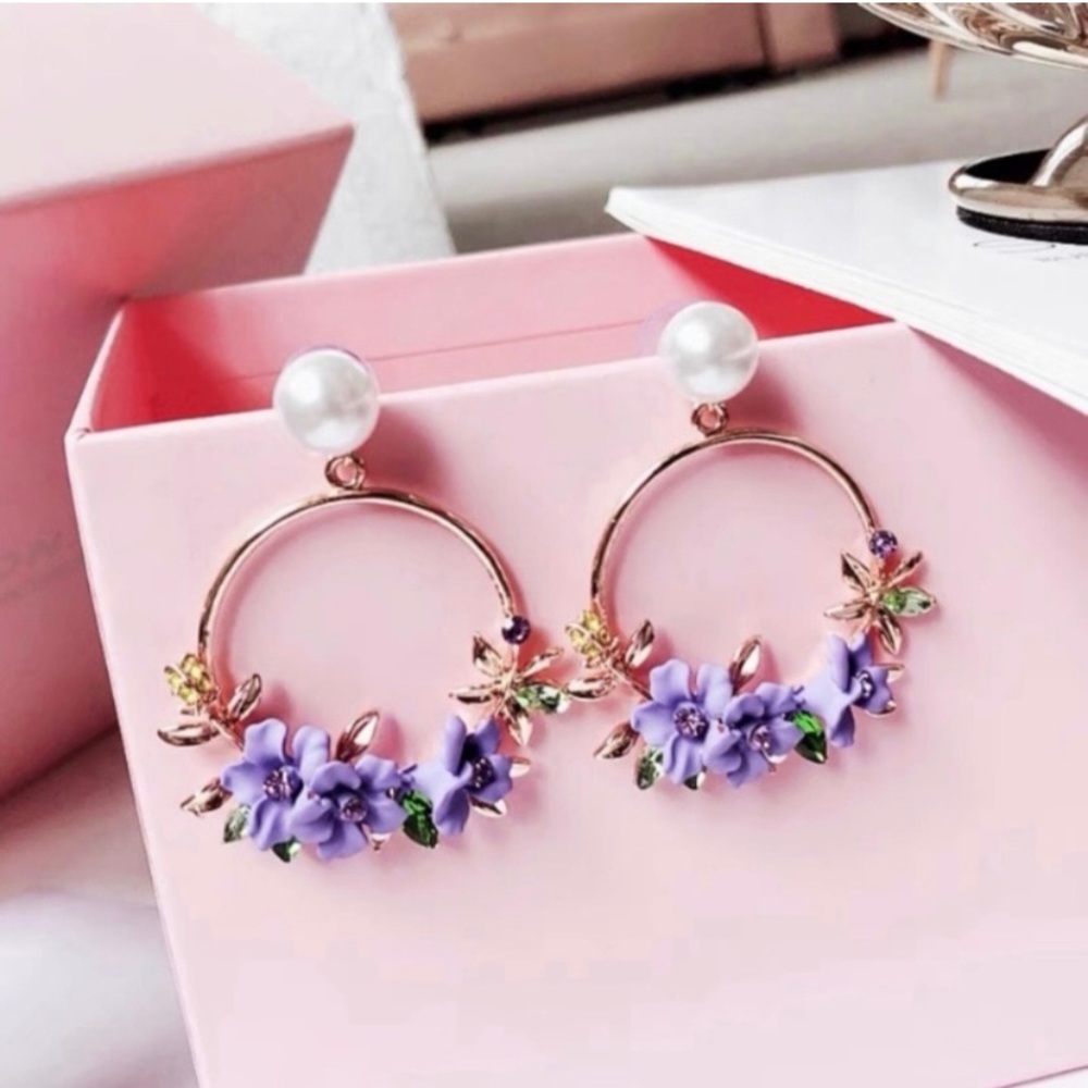 Purple Crystal Flower Dangle Drop Earrings for Women - Picture 3 of 4